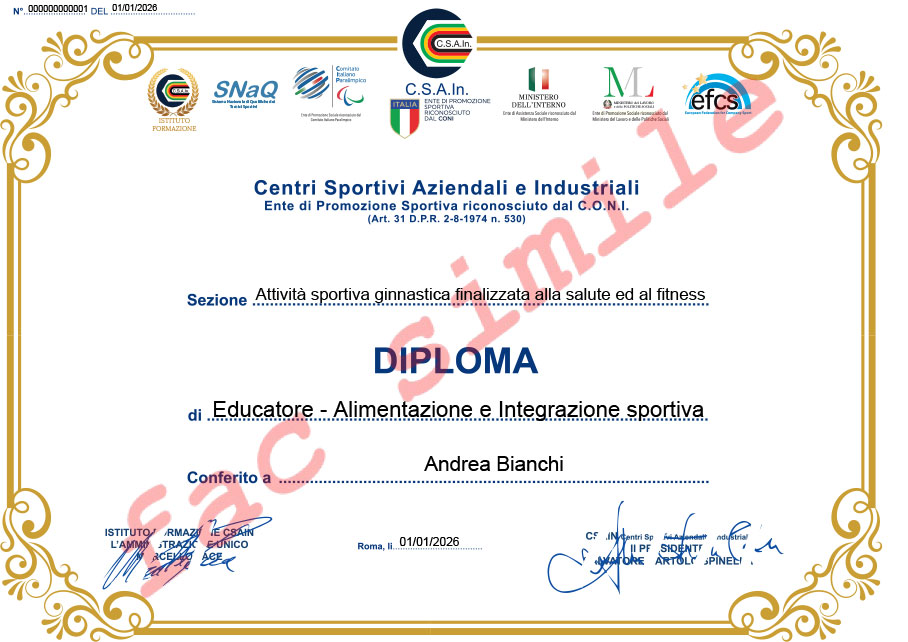 Diploma Educatore - Alimentazione e Integrazione sportiva