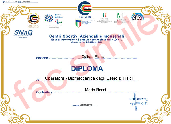 Diploma Nazionale Operatore Biomeccanica degli esercizi fisici